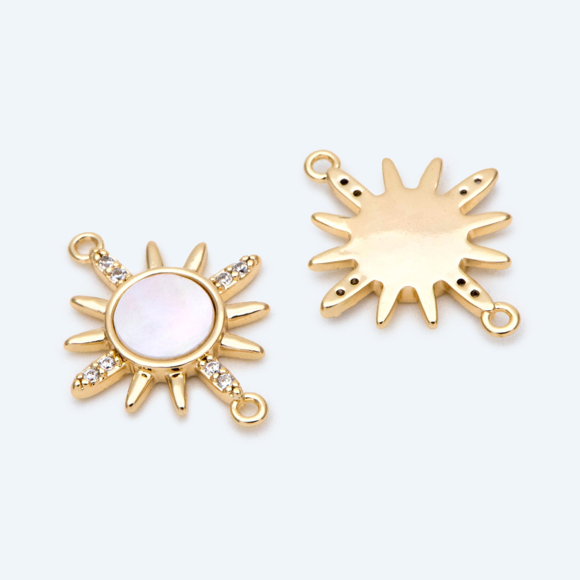 4pcs Shell Pave Gold/ Silver Sun Charms, 18K Gold/ Rhodium plated Brass, CZ Sun Pendants Connector (GB-2000-A)
